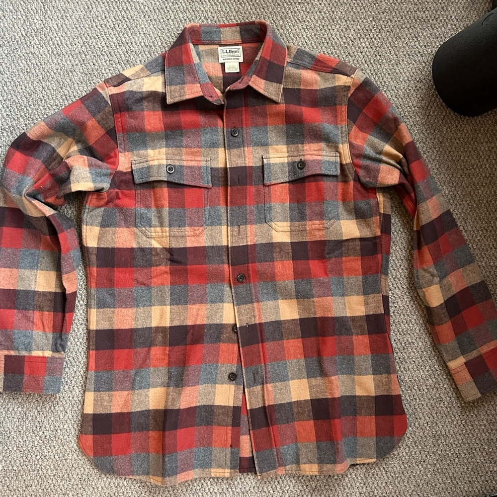 L.L.Bean Red, Tan & Gray Flannel Plaid Cotton Shirt